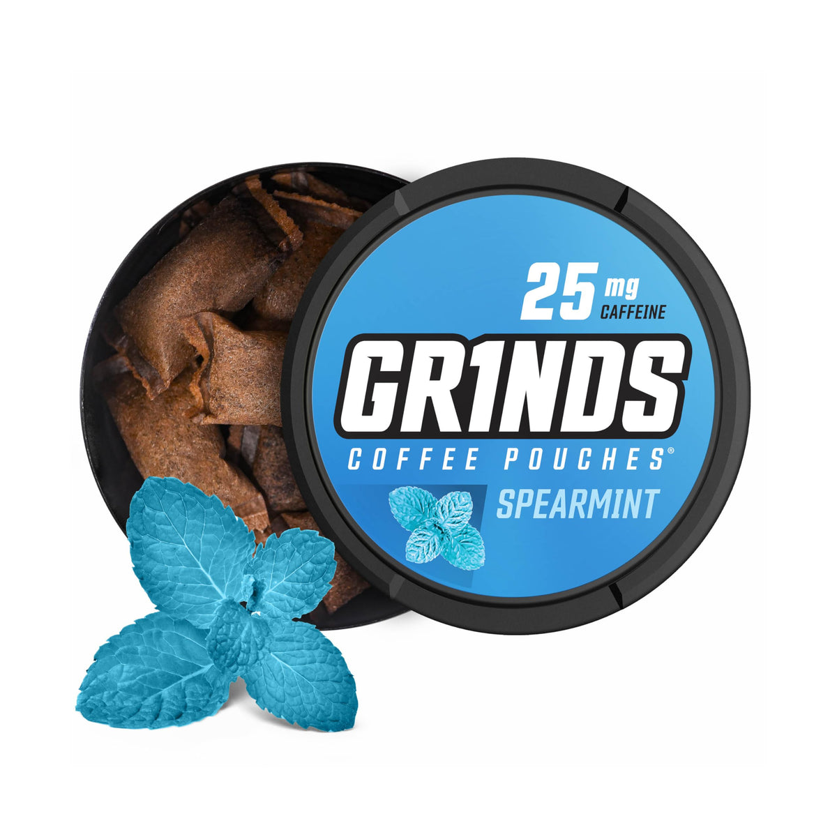 GRINDS Spearmint can front showing nicotine-free energy option for busy days.