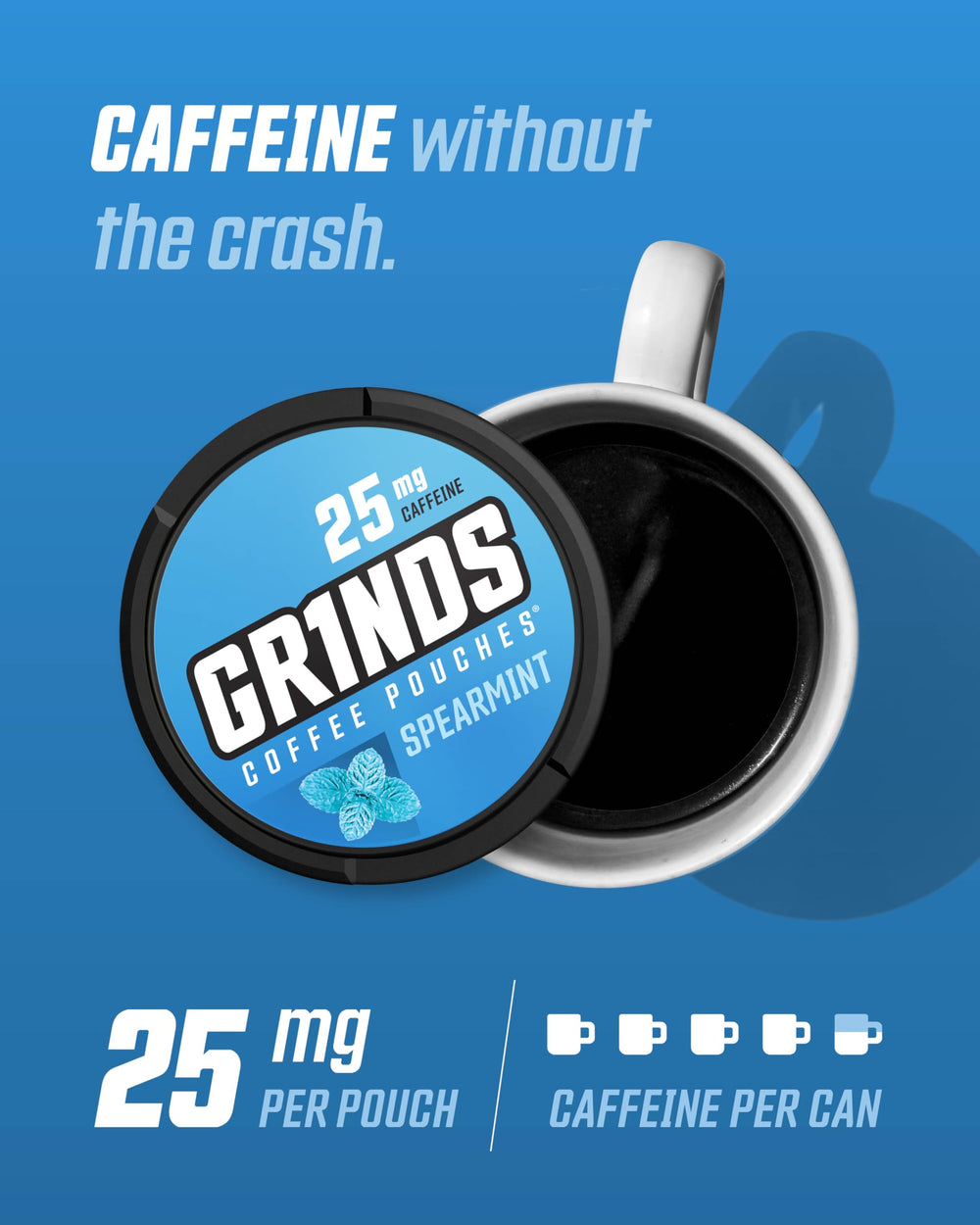 GRINDS Spearmint pouch close-up shows on-the-go energy boost.