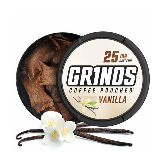 GRINDS Vanilla flavor coffee pouches outer can highlight convenient, brew-free energy on the go.