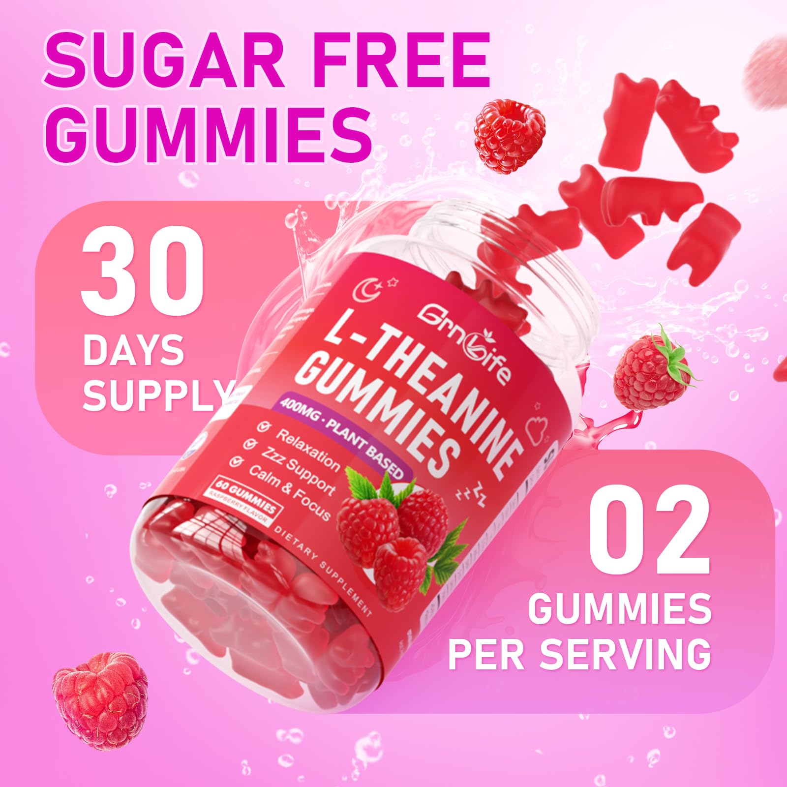 GrnLife L-Theanine gummies highlight natural ingredients like ashwagandha and lemon balm.