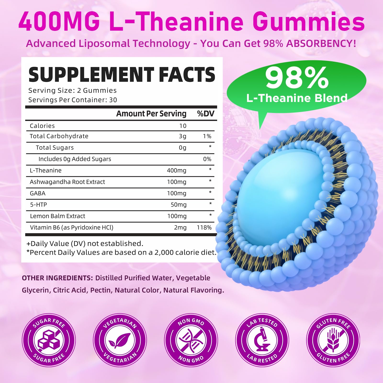 GrnLife L-Theanine gummies raspberry bottle back shows nutrition and serving details.