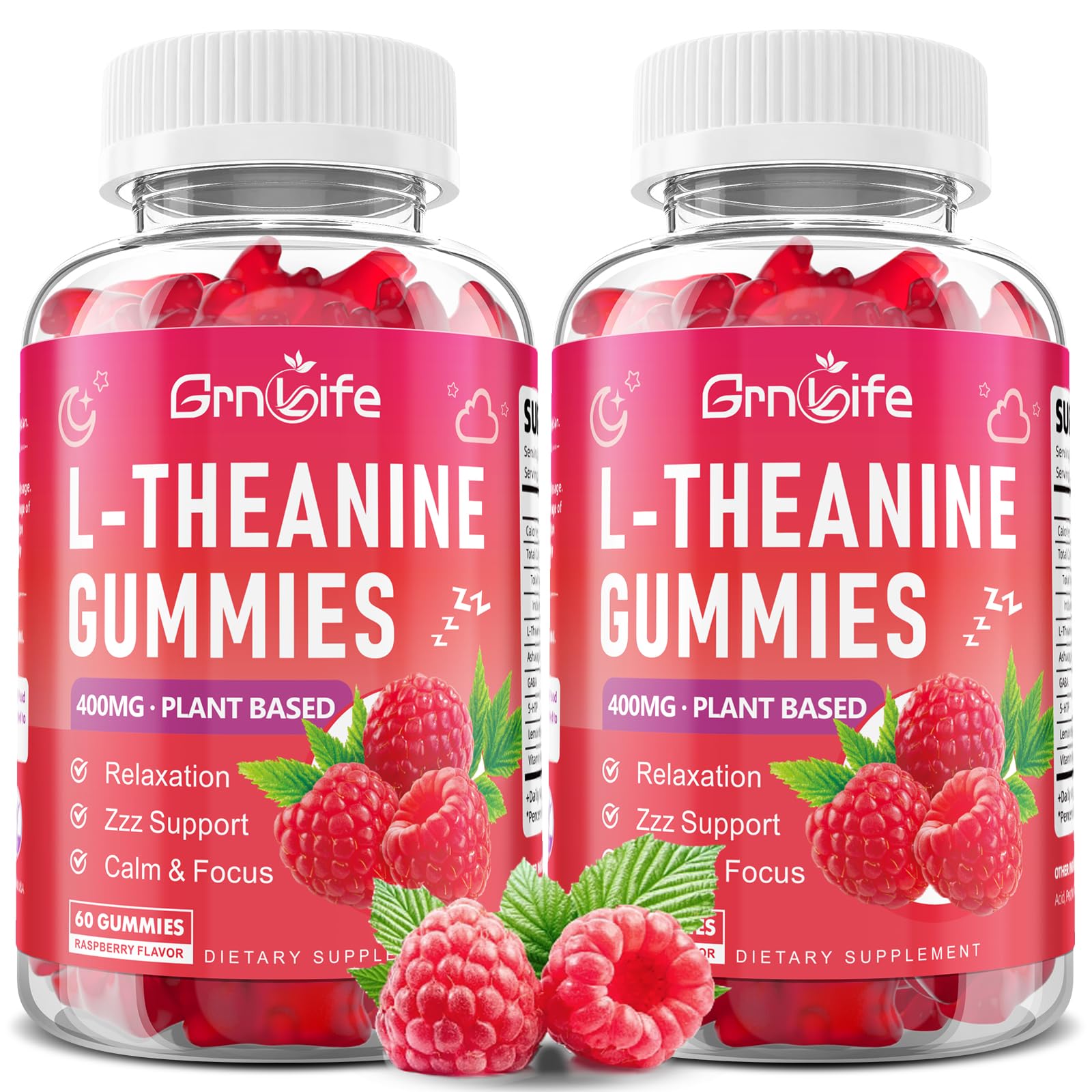 GrnLife L-Theanine gummies raspberry bottle front promotes calm focus.