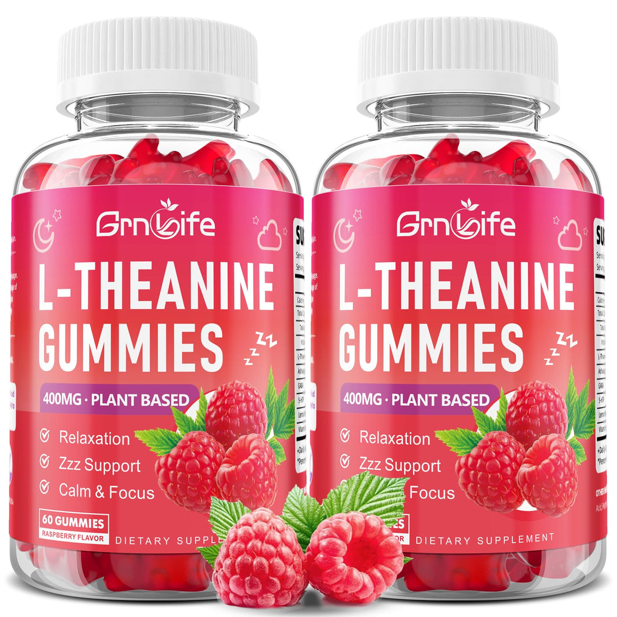 GrnLife L-Theanine gummies raspberry bottle front promotes calm focus.