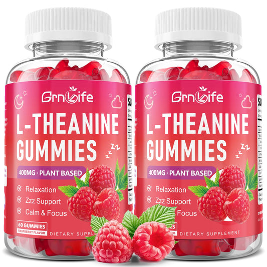 GrnLife L-Theanine gummies raspberry bottle front promotes calm focus.