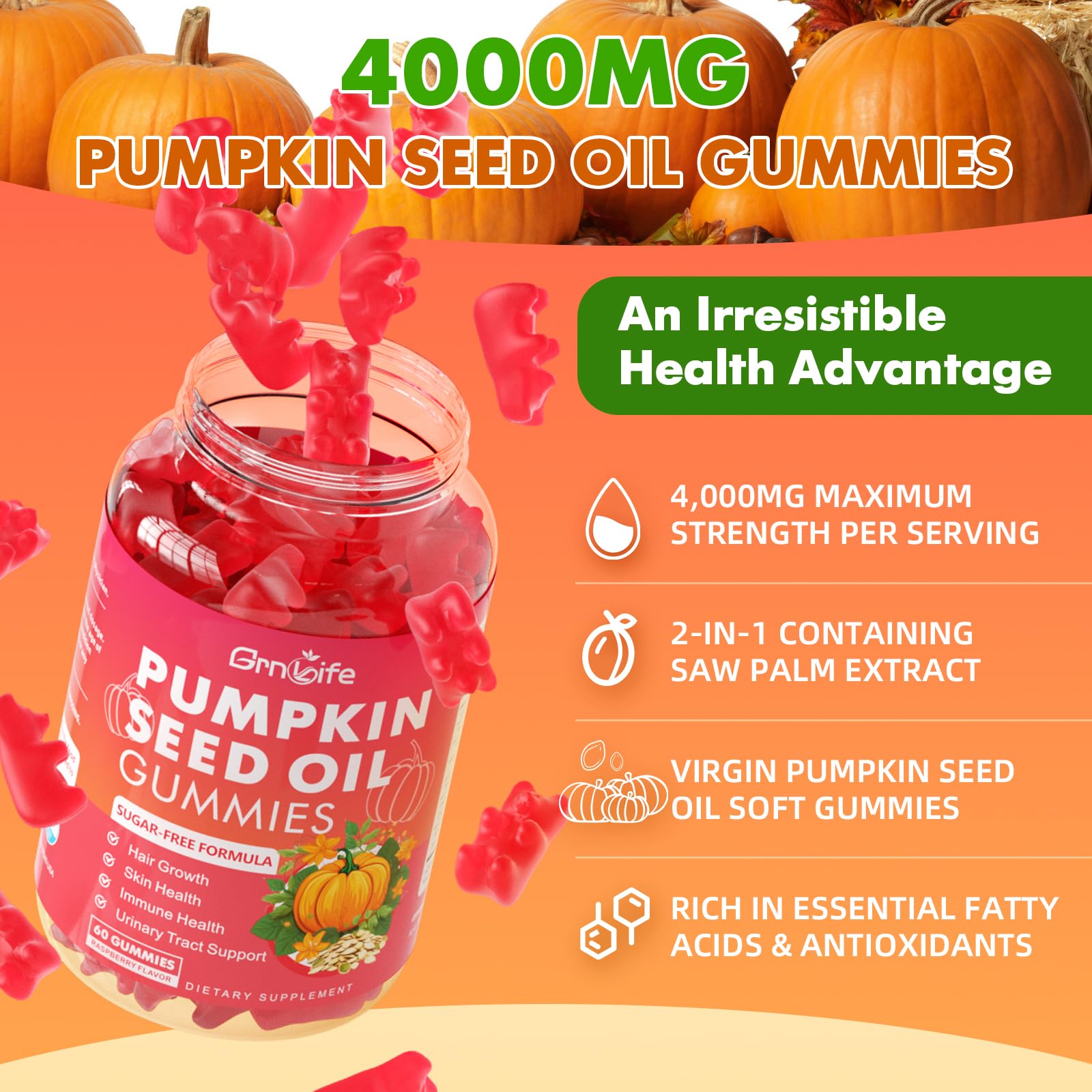 GrnLife ingredients panel features pumpkin seed oil and saw palmetto