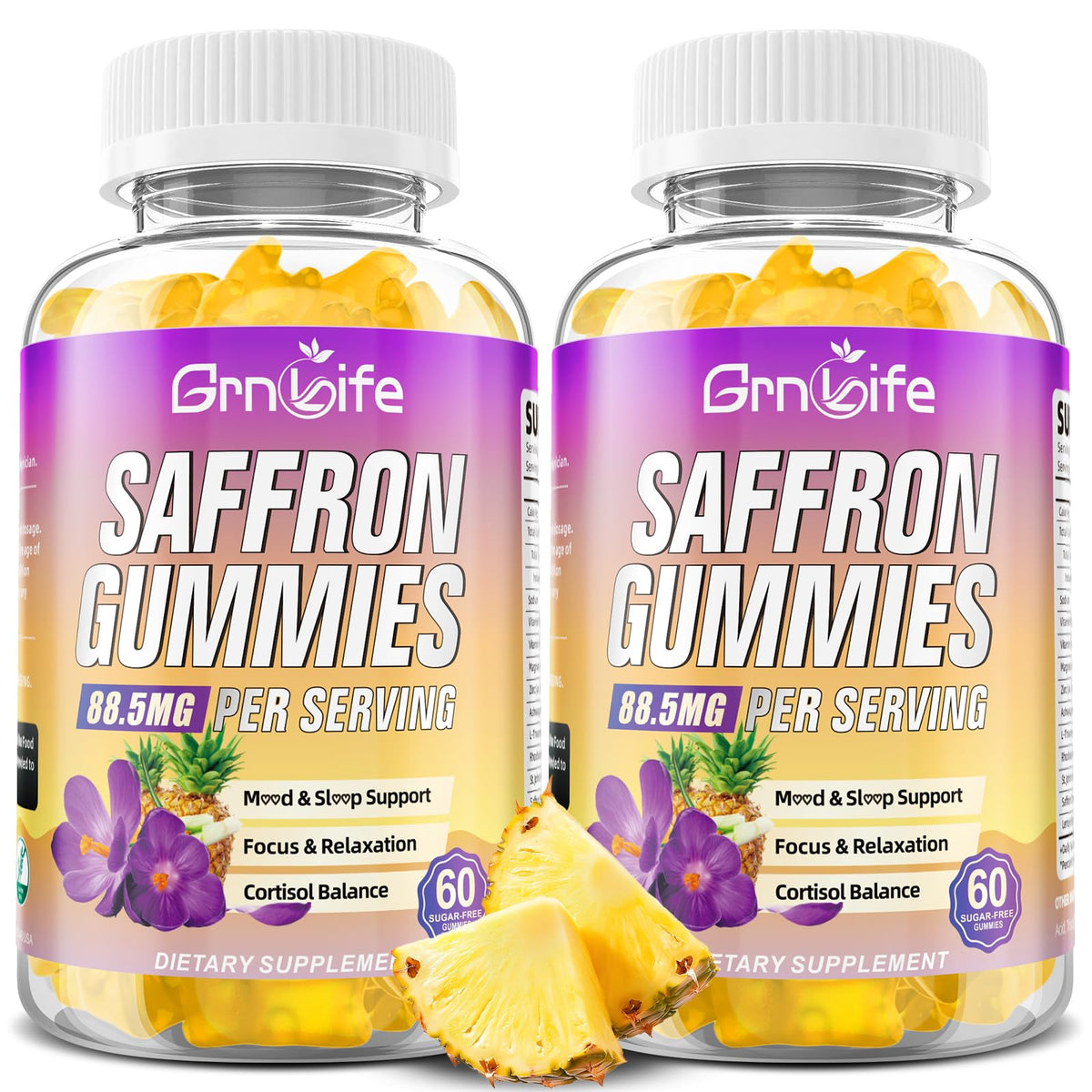 GrnLife saffron gummies bottle front view, highlighting packaging and trust.