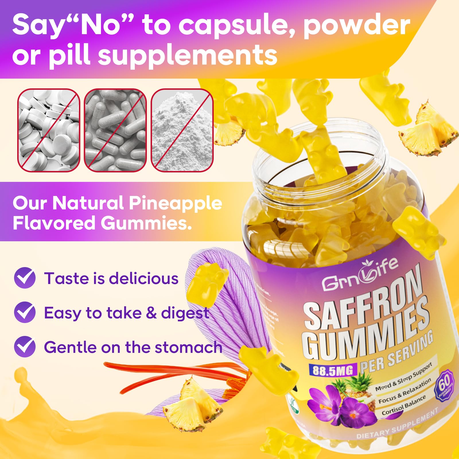 GrnLife saffron gummies pineapple flavor close-up with aroma.