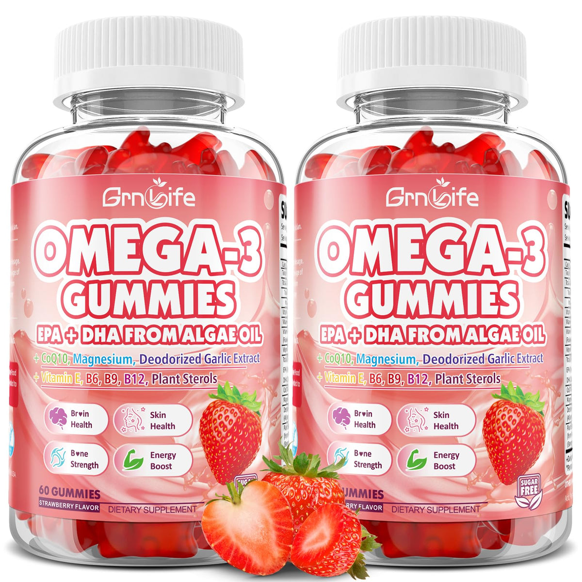 GrnLife vegan omega-3 gummies bottle with strawberry flavor for daily wellness