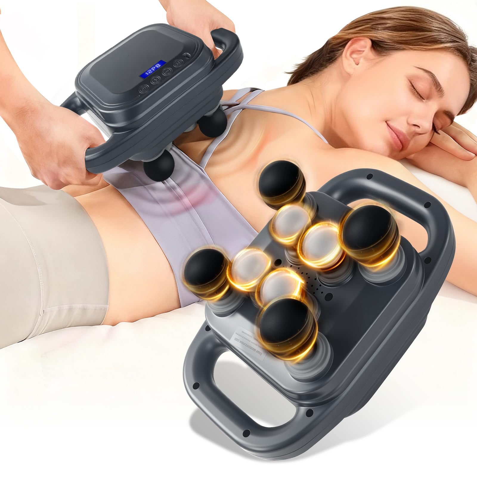 Grnpeak 8-head massage gun targets back and legs for deep tissue work.