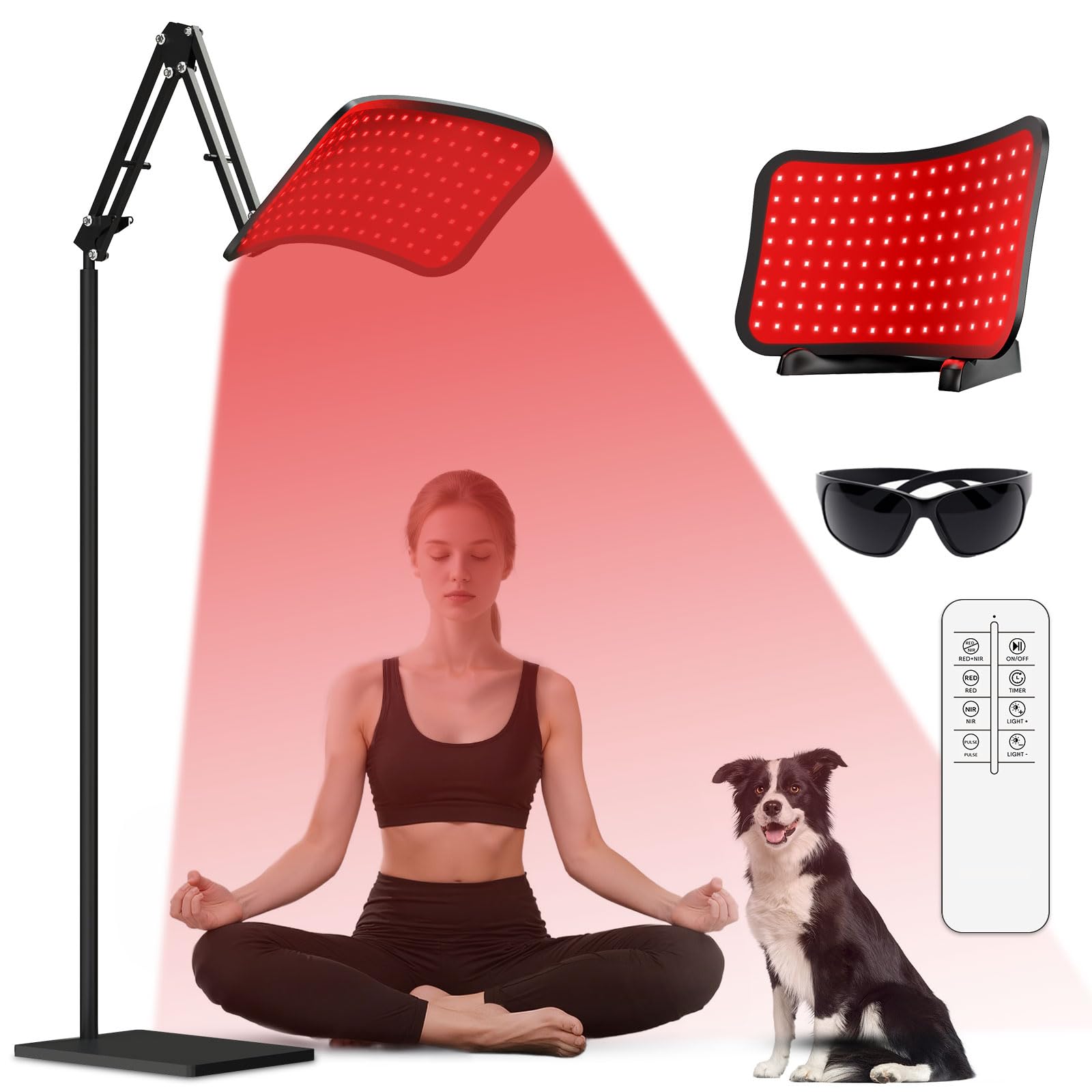 GrnSprX red light therapy on adjustable stand targets face and body relief.
