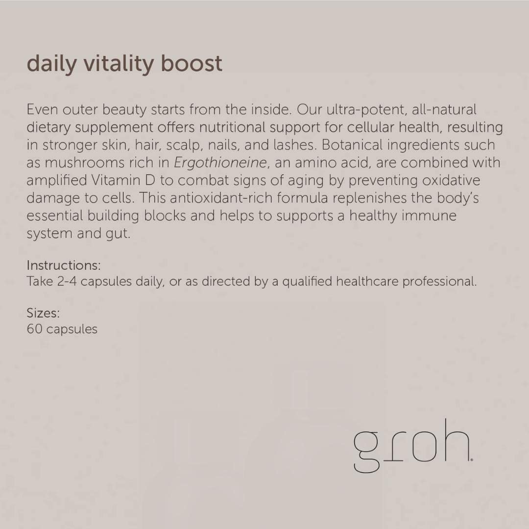 Groh Daily Vitality Boost ingredients six-mushroom blend supports vitality