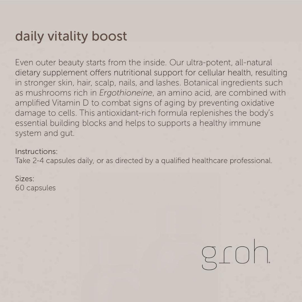 Groh Daily Vitality Boost ingredients six-mushroom blend supports vitality