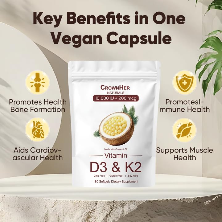 GROHESE Crown Her Naturals D3 K2 packaging closeup showing coconut oil formula for absorption