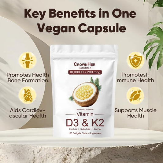 GROHESE Crown Her Naturals D3 K2 packaging closeup showing coconut oil formula for absorption