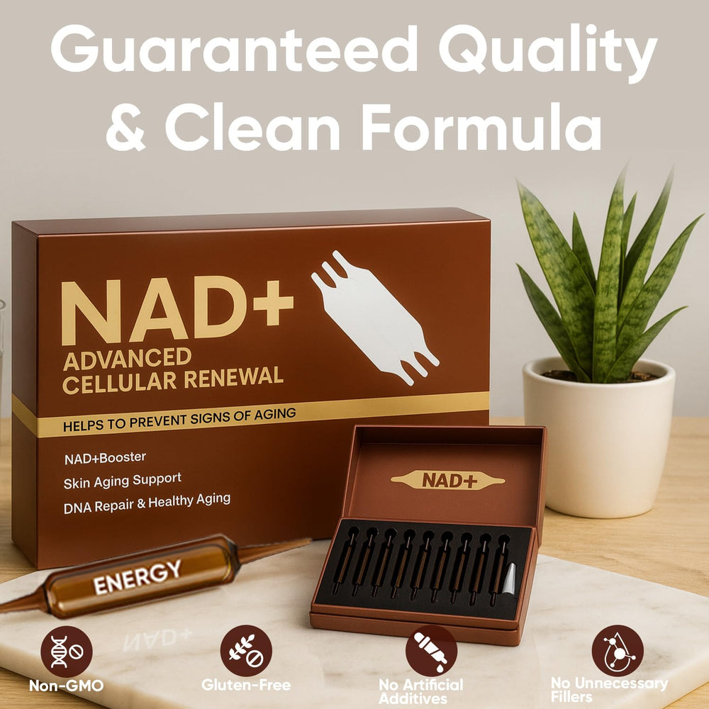 GROHESE NAD bottle beside skincare items highlights skin aging support potential.