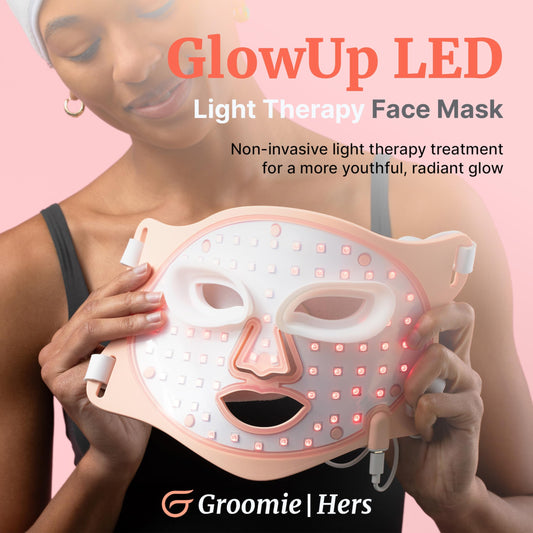 Groomie GlowUp mask emitting amber light for an even skin tone look.