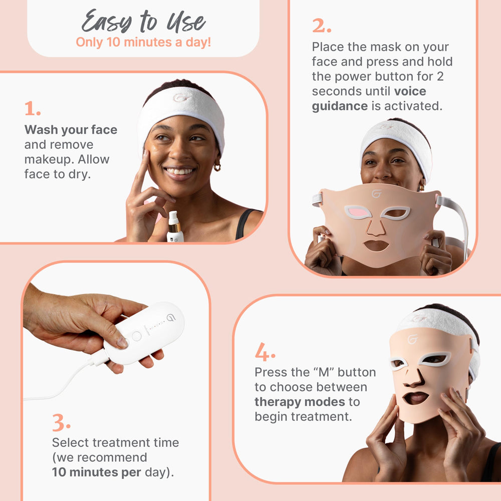 Groomie GlowUp mask in purple light for a clarifying complexion during routines.