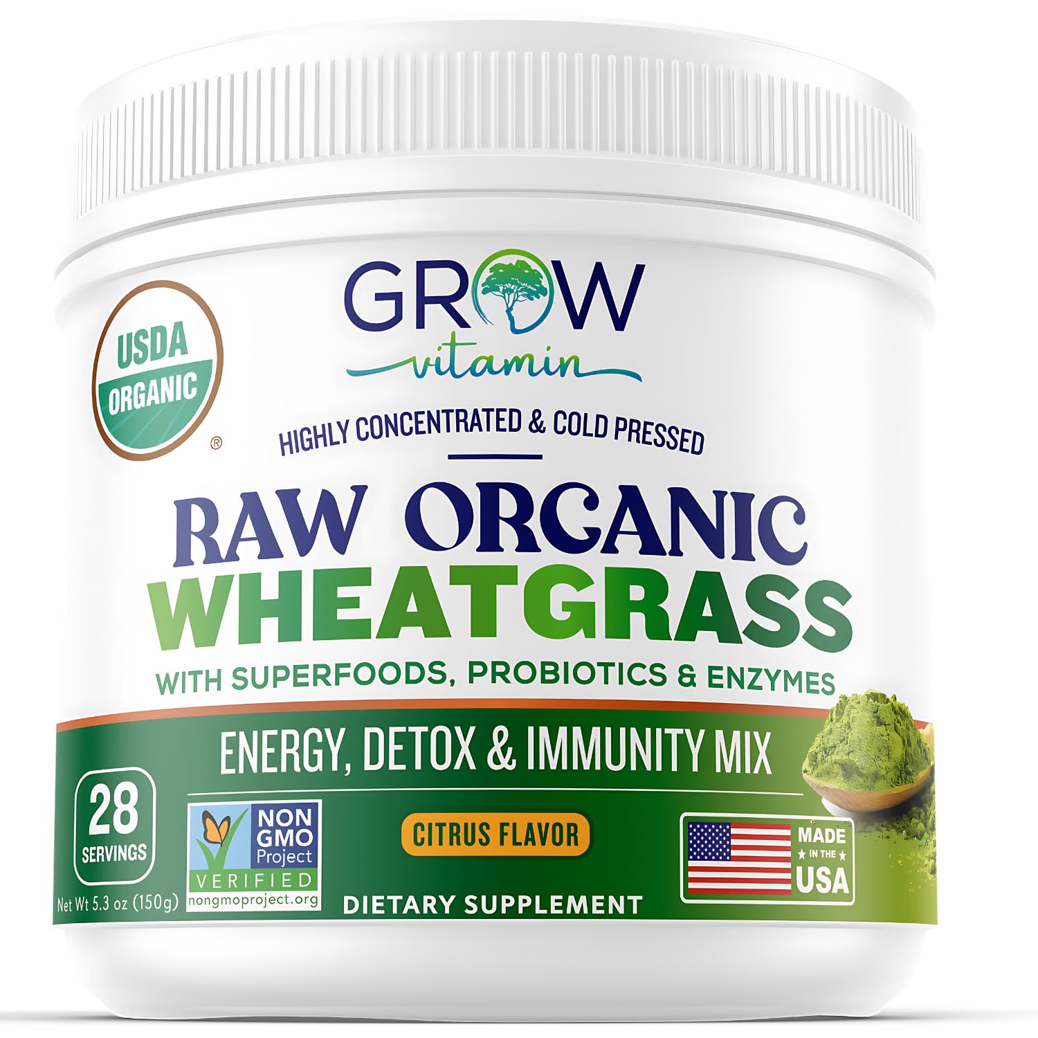 Grow Vitamin Organic Wheatgrass Powder tub label highlights USDA Organic certification and nutrient density.