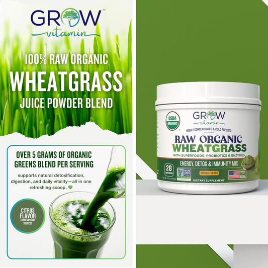 Pouring Grow Vitamin Wheatgrass Powder from the tub into a glass for easy daily use.
