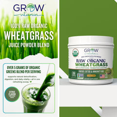 Pouring Grow Vitamin Wheatgrass Powder from the tub into a glass for easy daily use.