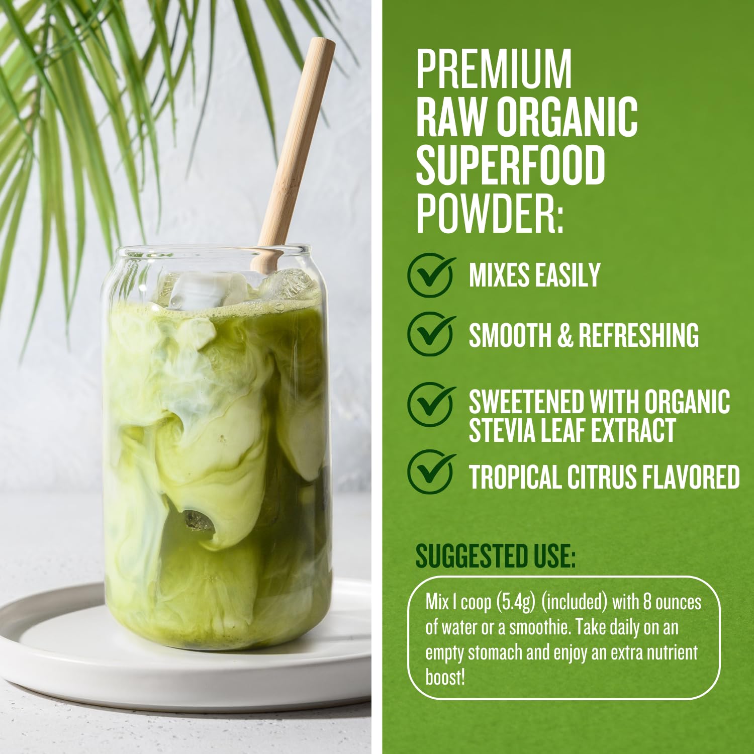 The label emphasizes chlorophyll and natural enzymes for a balanced blend.