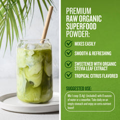 The label emphasizes chlorophyll and natural enzymes for a balanced blend.