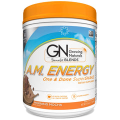 Growing Naturals One & Done SuperShake ingredients panel highlights vegan and non-GMO features.