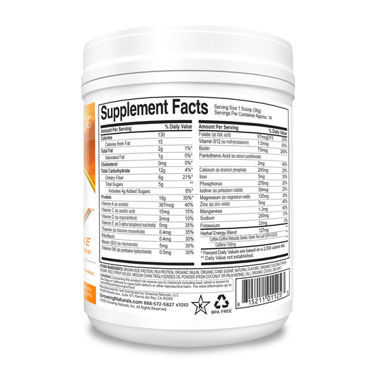 Growing Naturals One & Done SuperShake powder scoop beside a creamy shake.