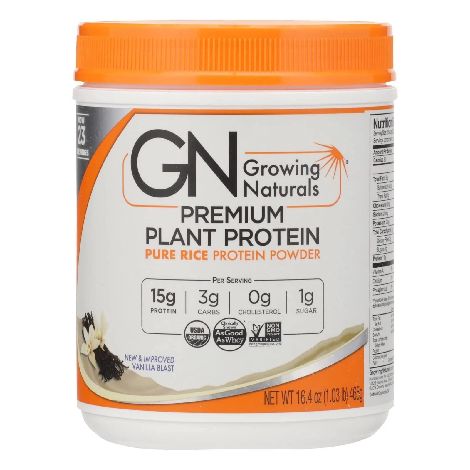 Growing Naturals vanilla rice protein powder in a jar, smooth shake base
