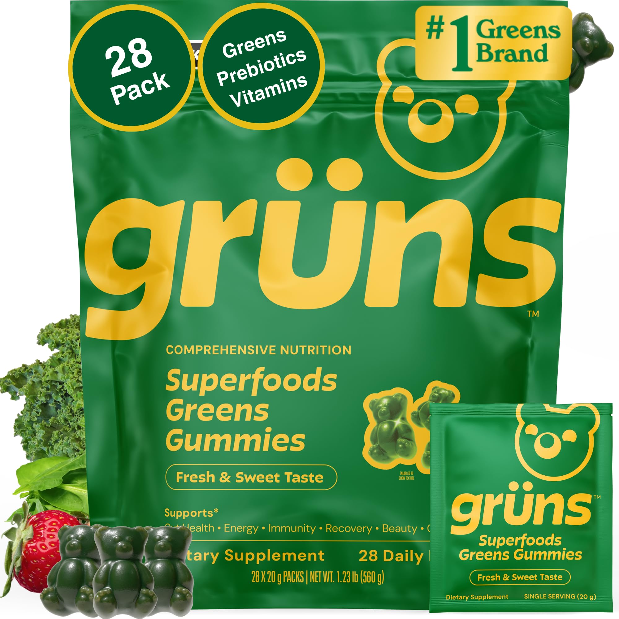 Grüns Adult Super Greens bottle shown for convenient daily nutrition.