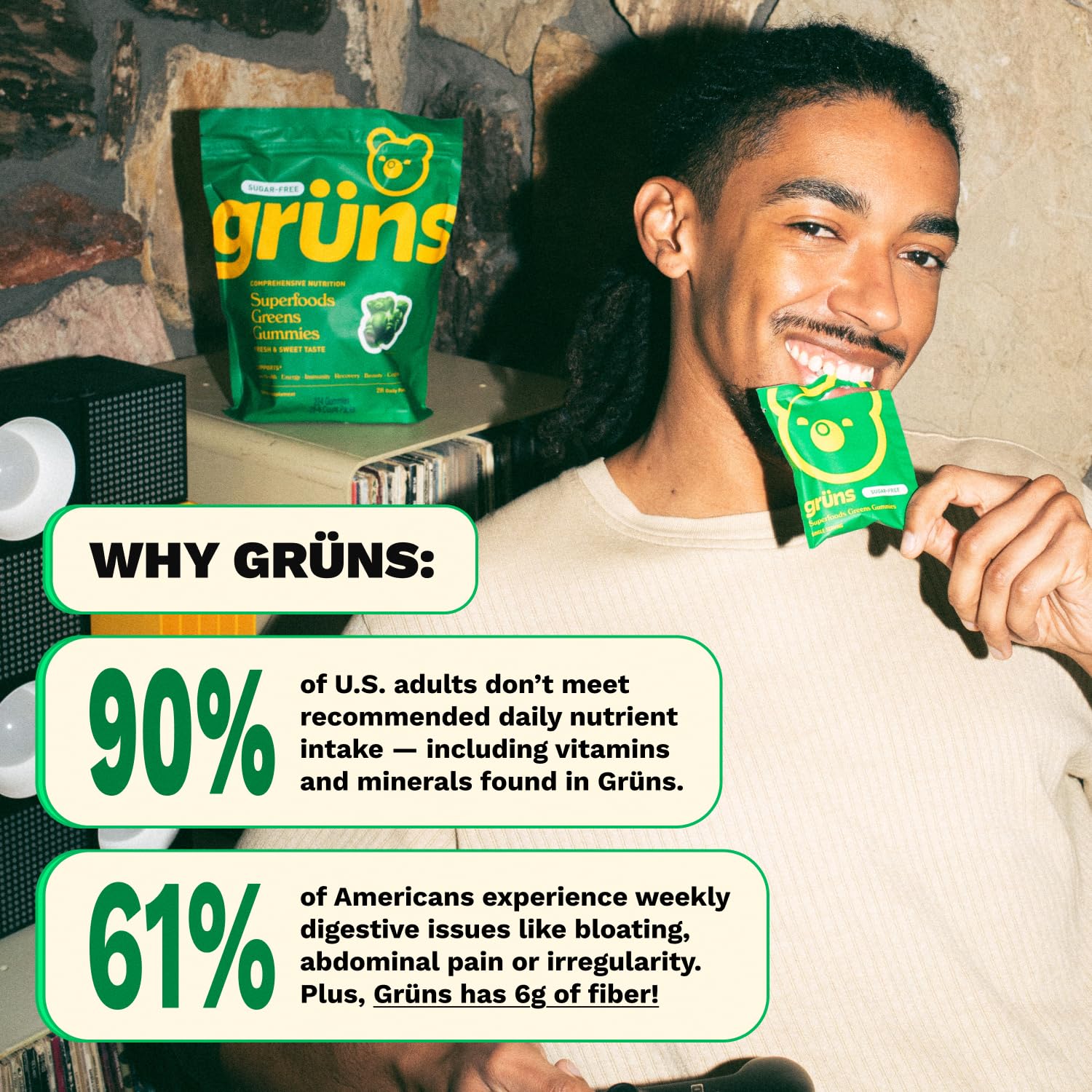 Grüns gummies emphasize fiber boost for gut-friendly prebiotics.