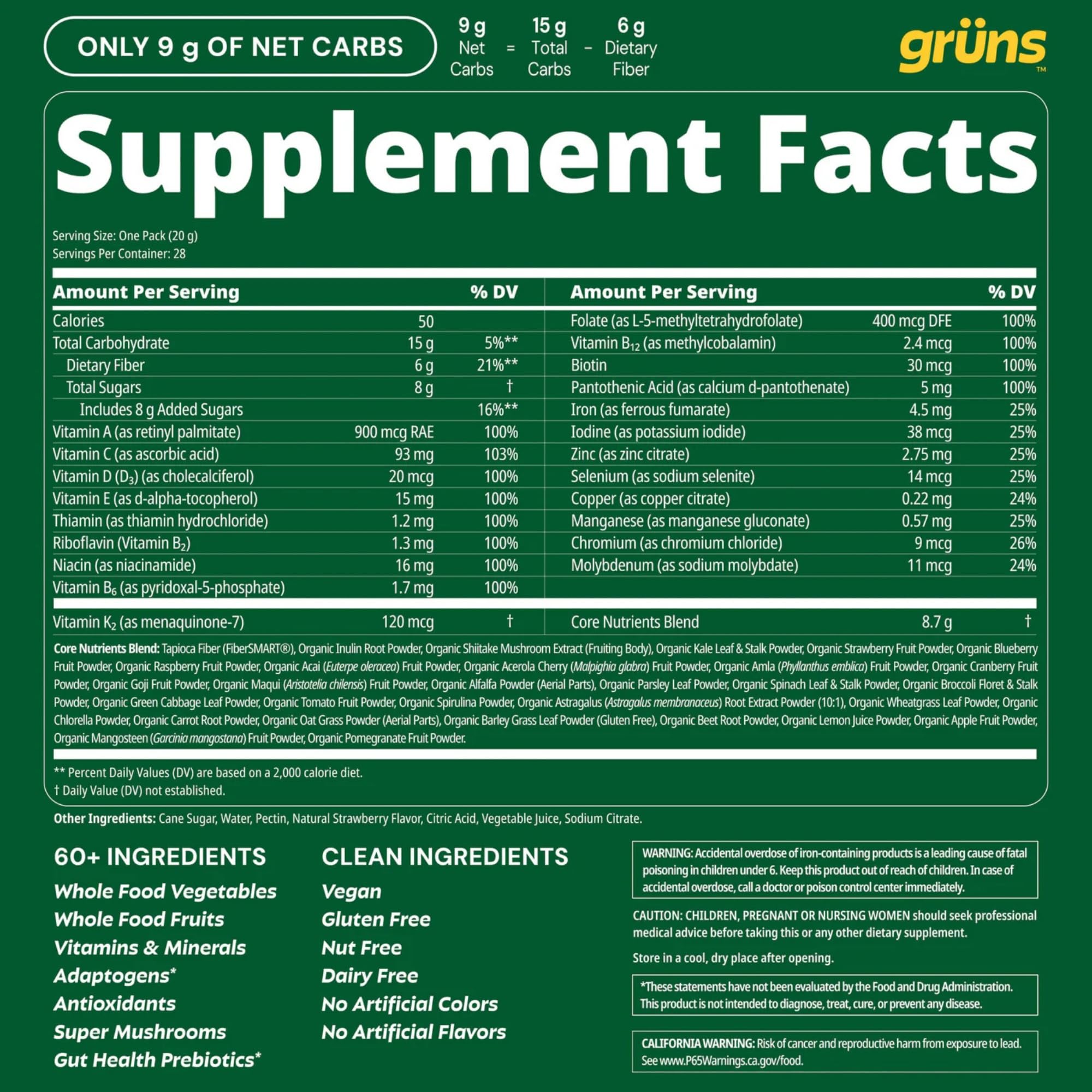 Label close-up on Grüns shows 60+ ingredients.