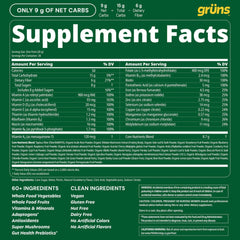Label close-up on Grüns shows 60+ ingredients.