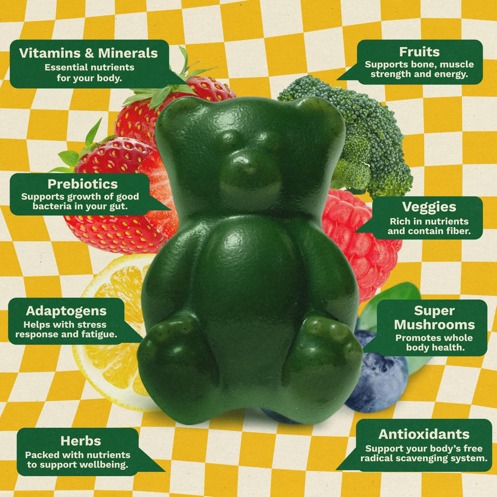 Grüns multivitamin gummies highlighting 6g fiber for digestive-friendly convenience.