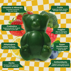 Grüns multivitamin gummies highlighting 6g fiber for digestive-friendly convenience.