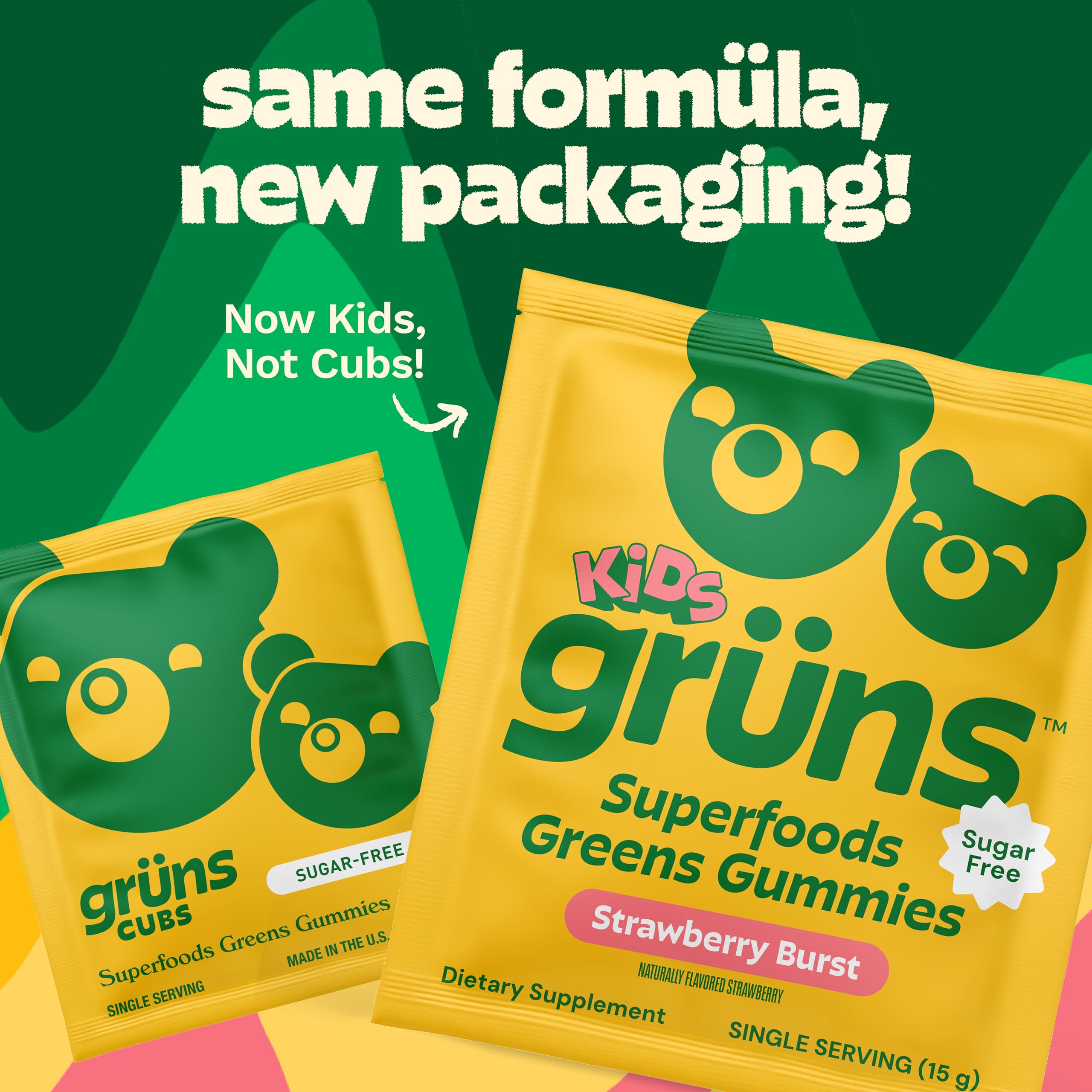 Grüns kid gummies with alfalfa and spirulina greens blend for natural energy.