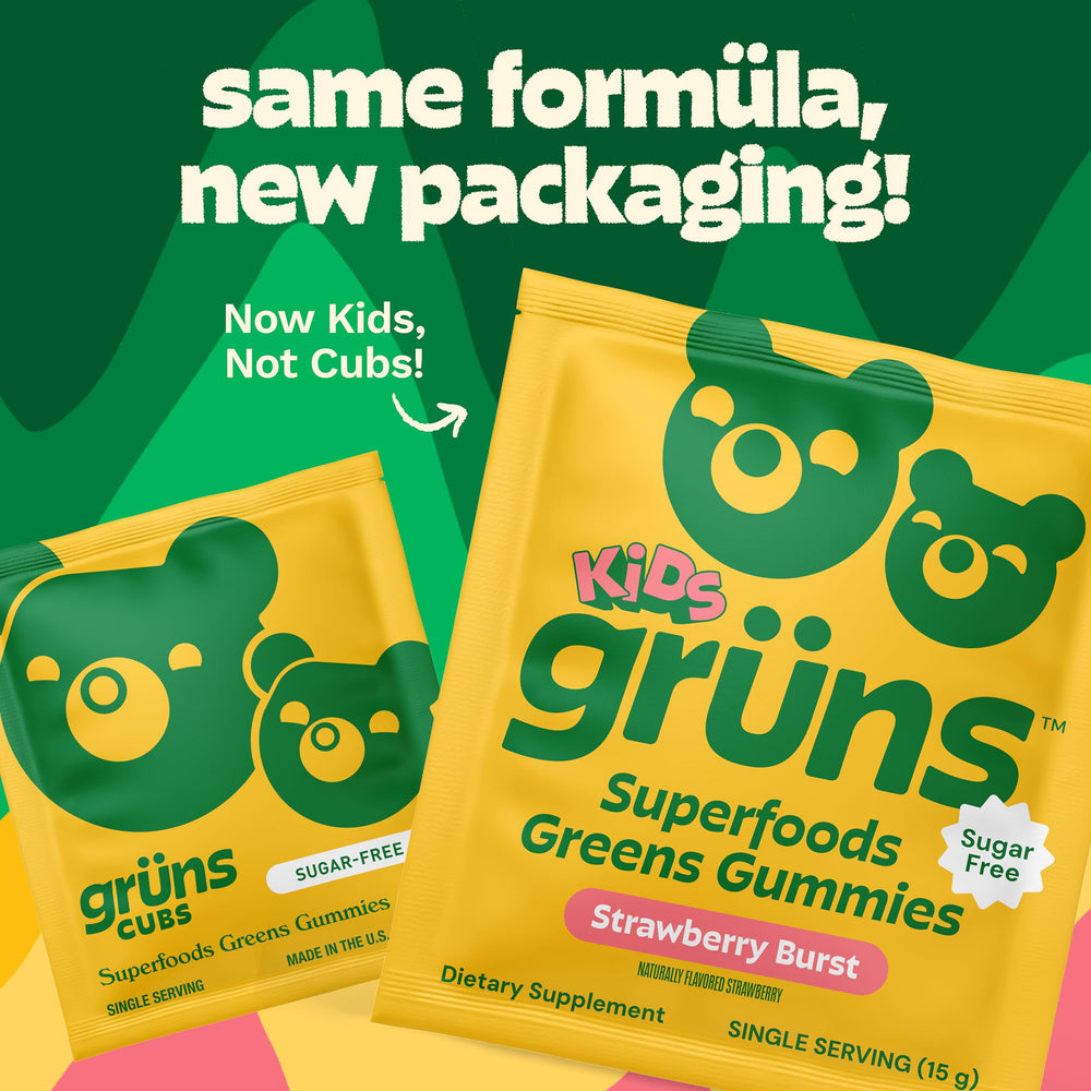 Grüns kid gummies with alfalfa and spirulina greens blend for natural energy.