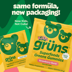 Grüns kid gummies with alfalfa and spirulina greens blend for natural energy.