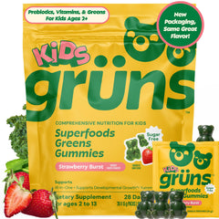 Grüns kid multivitamin gummies in strawberry flavor for daily nutrition and gut-friendly support.