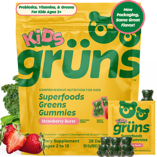 Grüns Kids Multivitamin Gummies in strawberry pack; supports daily wellness during busy school days.