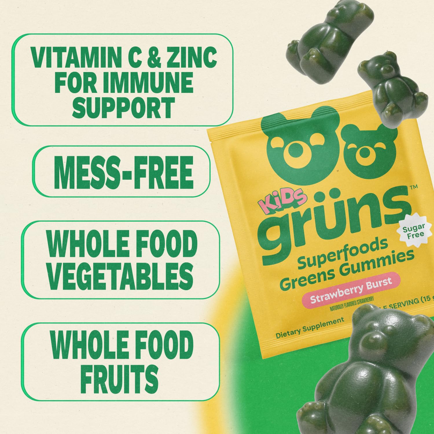 Grüns kid gummies available in sugar-free option for allergen-friendly daily use.