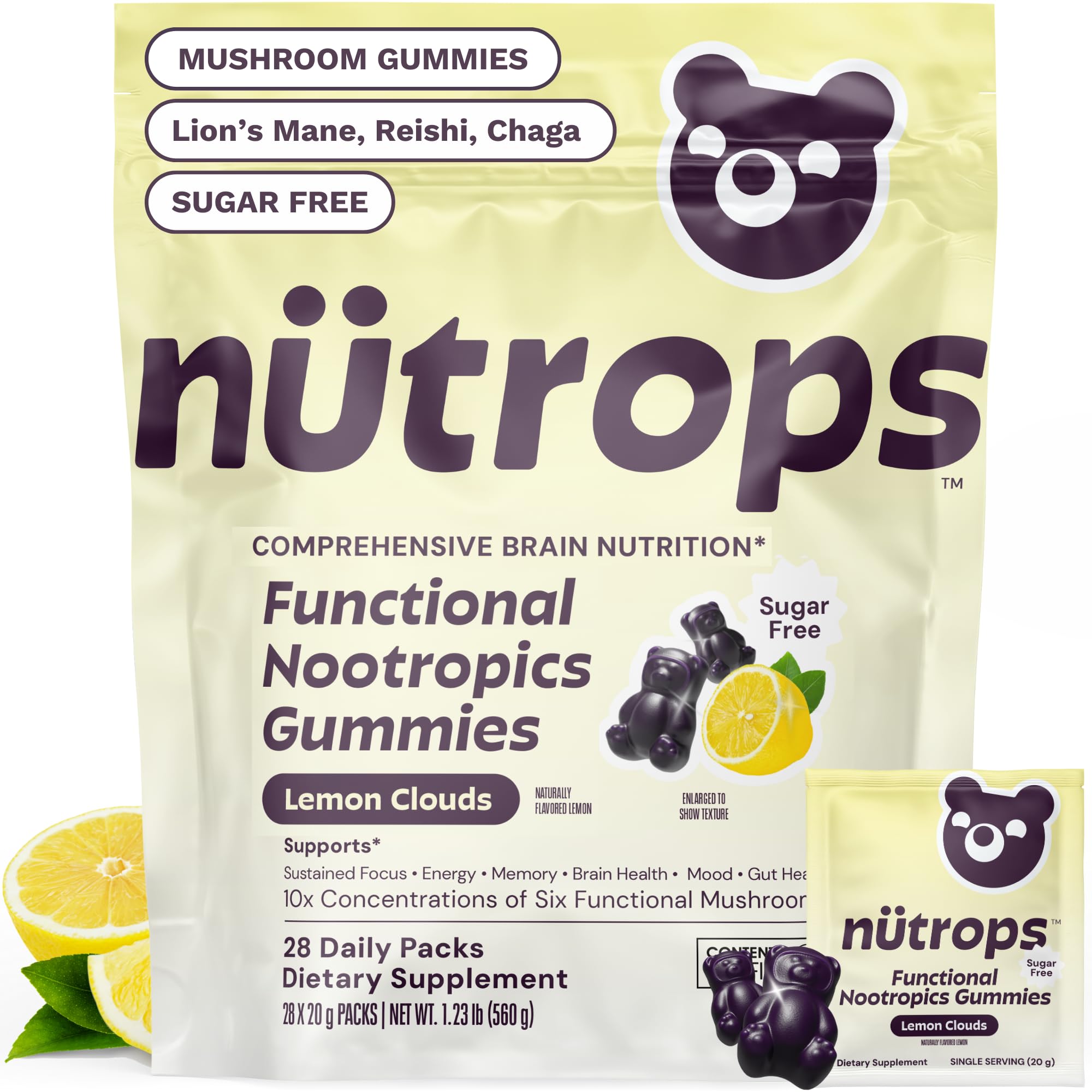 Grüns Nutrops Lion's Mane gummies bottle front promote focus and mental clarity.