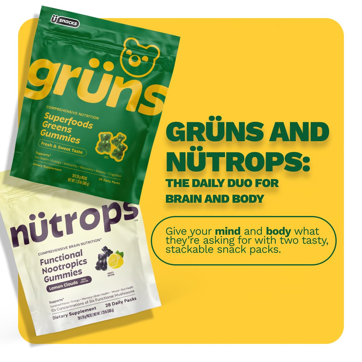 Grüns Nutrops gummies in a bowl emphasize sugar-free format for daily use.