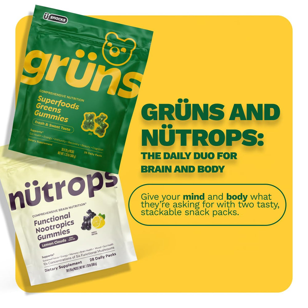 Grüns Nutrops gummies in a bowl emphasize sugar-free format for daily use.