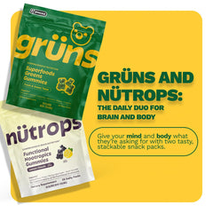 Grüns Nutrops gummies in a bowl emphasize sugar-free format for daily use.