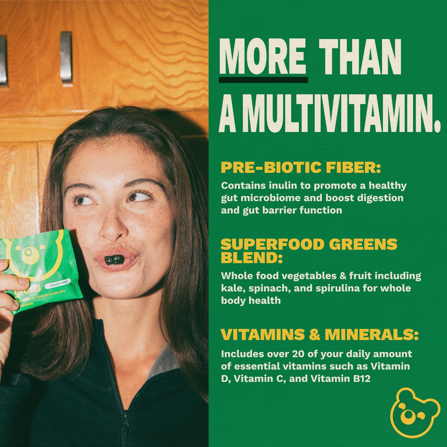 Grüns gummies contain spirulina and chlorella for energy.