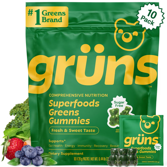 Grüns Sugar-Free Super Greens Gummies bottle on counter for daily vegan nutrition