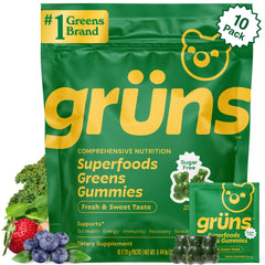 Grüns Sugar-Free Super Greens Gummies bottle on counter for daily vegan nutrition