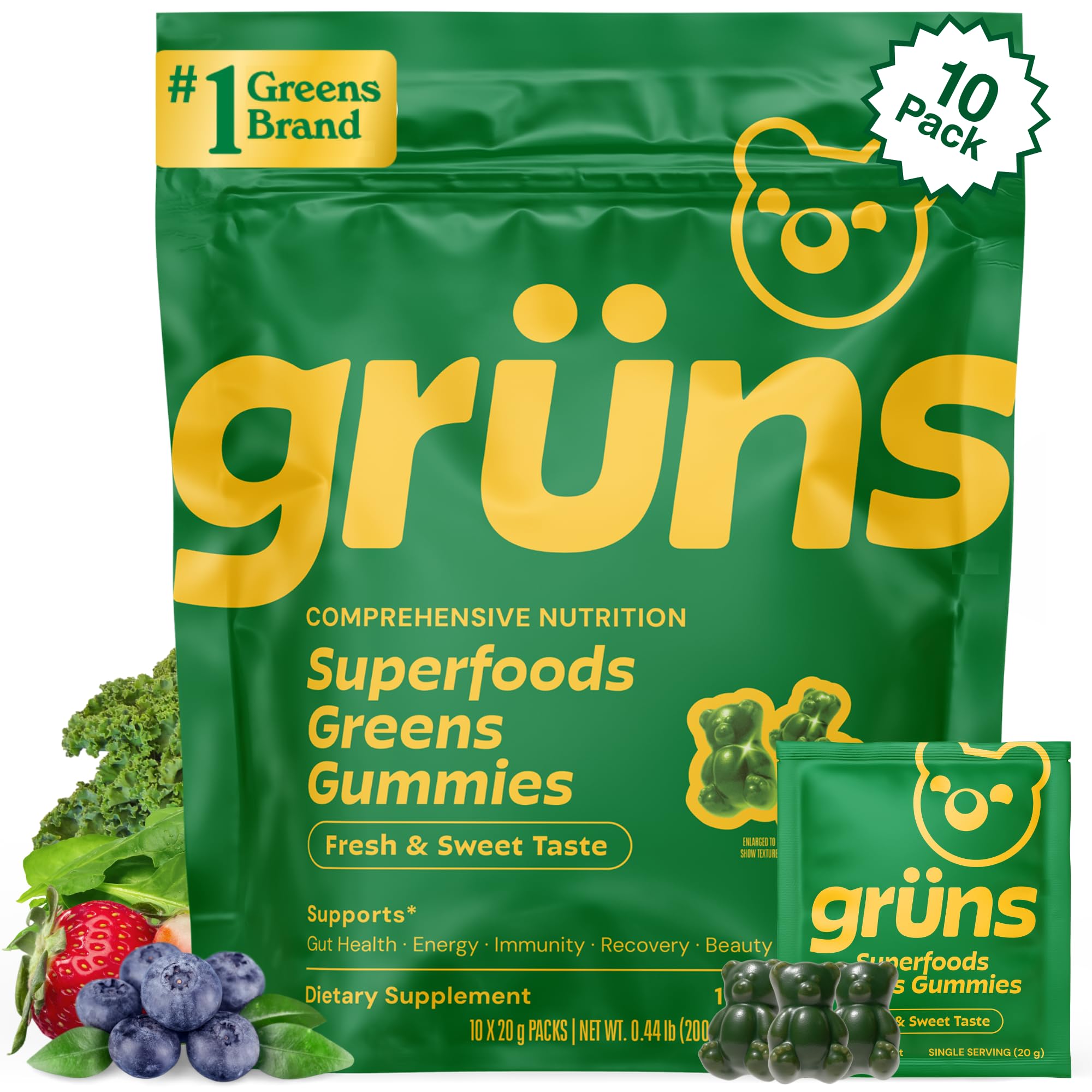 Grüns Super Greens Gummies bottle front view for easy daily multivitamin support.