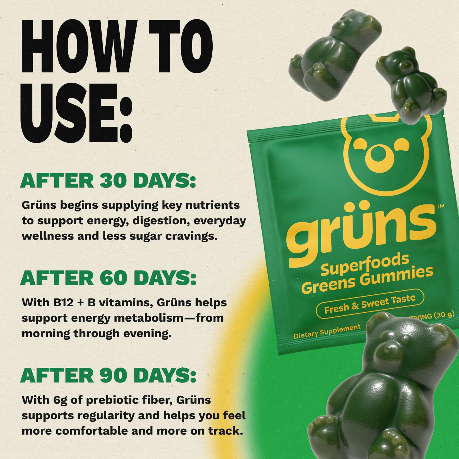 Grüns Super Greens Gummies on-the-go packs for convenient daily nutrition.
